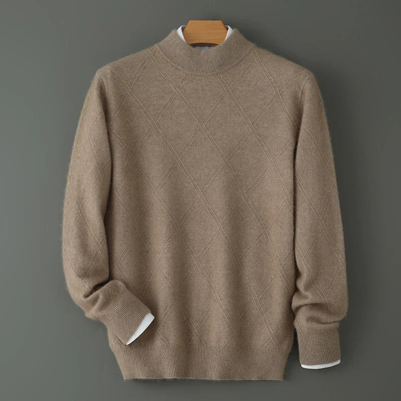 Suéter masculino gola alta em mink cashmere com textura felpada e acabamento premium para inverno