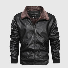 jaqueta masculina estilo couro biker com gola alta e bolsos frontais