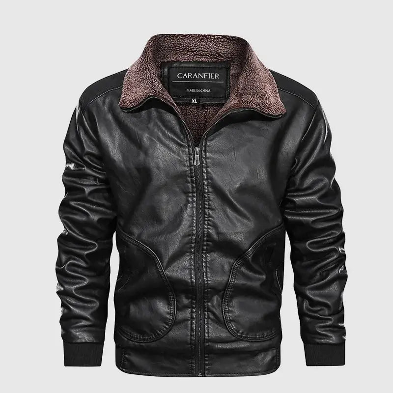 jaqueta masculina estilo couro biker com gola alta e bolsos frontais