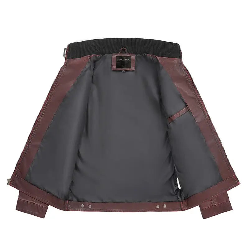 jaqueta masculina em couro biker com gola alta e zíper frontal