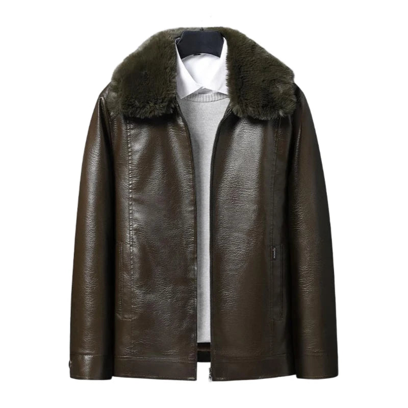 Jaqueta masculina marrom premium com interior peluciado térmico e gola removível estilo aviador para inverno