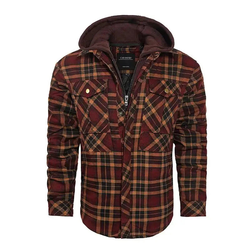 Jaqueta flanela masculina xadrez com capuz removível inverno