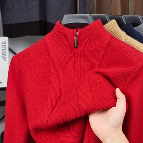 suéter masculino cinza tricô trançado gola alta meio zíper inverno elegante confortável
