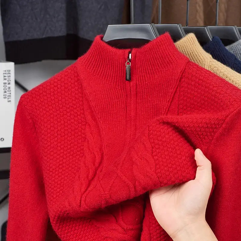 suéter masculino cinza tricô trançado gola alta meio zíper inverno elegante confortável