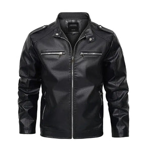 jaqueta masculina preta estilo couro biker com zíper frontal moderna