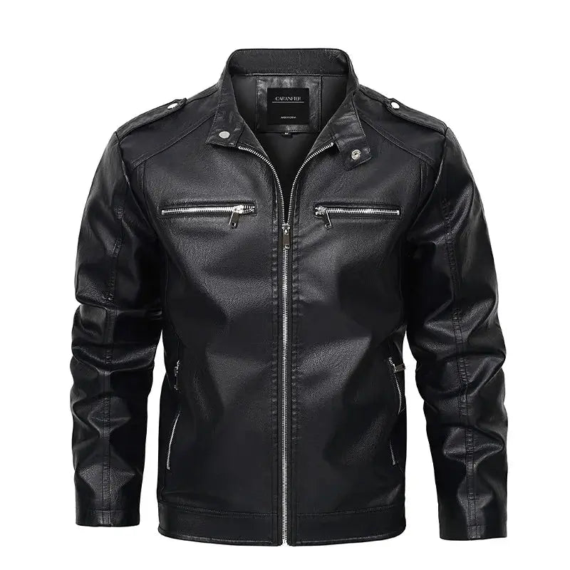 jaqueta masculina preta estilo couro biker com zíper frontal moderna