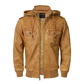 jaqueta masculina caramelo estilo couro biker com capuz removível e forro térmico