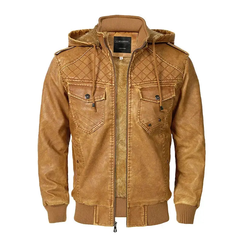 jaqueta masculina caramelo estilo couro biker com capuz removível e forro térmico