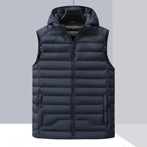 Colete masculino acolchoado preto com capuz removível e zíper frontal ideal para inverno e uso casual