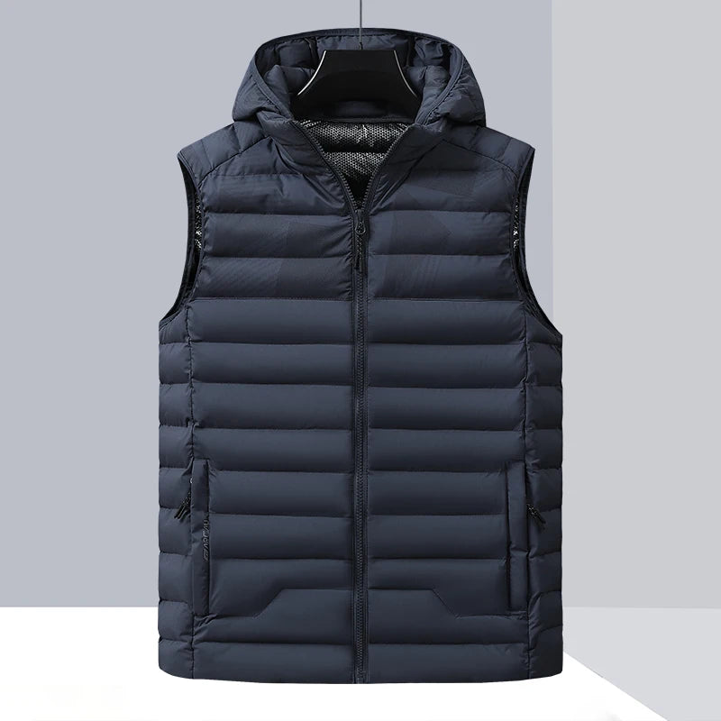 Colete masculino acolchoado preto com capuz removível e zíper frontal ideal para inverno e uso casual