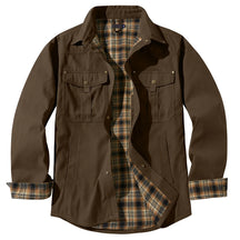 Jaqueta masculina marrom flanelada com forro interno xadrez e bolsos frontais estilo casual premium para inverno.