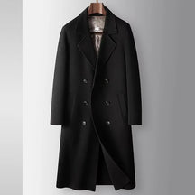 Sobretudo masculino de lã premium preto com fechamento transpassado duplo, modelagem longa e design elegante para inverno