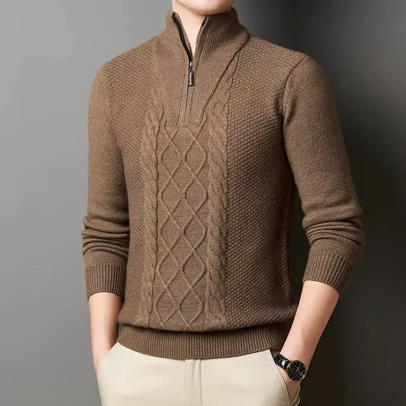 suéter masculino cinza tricô trançado gola alta meio zíper inverno elegante confortável