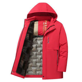 Parka masculina premium com interior térmico peluciado e capuz para inverno e clima frio intenso.
