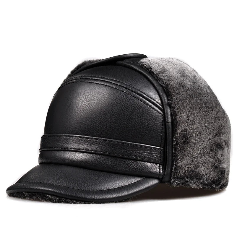 Boné masculino térmico marrom em couro com proteção auricular e forro interno felpudo para inverno e frio intenso.