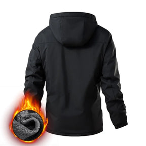 Jaqueta masculina preta térmica com interior peluciado e capuz para proteção contra frio intenso no inverno.