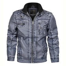 jaqueta masculina em couro biker com gola alta e zíper frontal