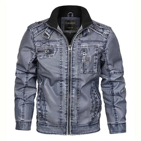 jaqueta masculina em couro biker com gola alta e zíper frontal
