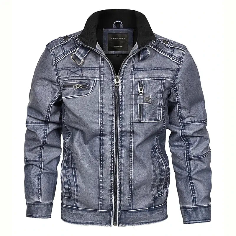 jaqueta masculina em couro biker com gola alta e zíper frontal