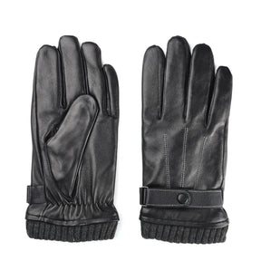 Luva masculina térmica preta em couro legítimo com forro aveludado e função touchscreen para inverno e moto.