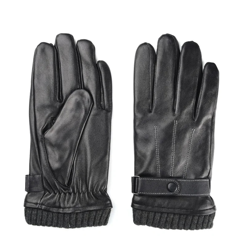 Luva masculina térmica preta em couro legítimo com forro aveludado e função touchscreen para inverno e moto.