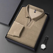 camisa polo masculina de tricot manga longa com tecido macio e elegante exibindo textura do knitwear