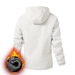 Jaqueta masculina preta térmica com interior peluciado e capuz para proteção contra frio intenso no inverno.