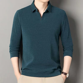 camisa polo masculina de tricot manga longa com tecido macio e elegante exibindo textura do knitwear