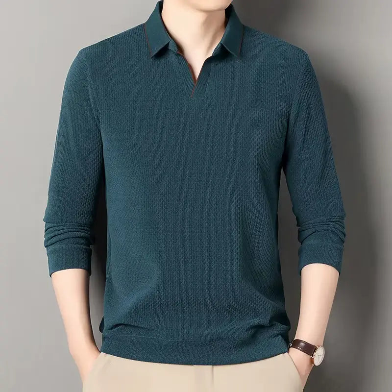 camisa polo masculina de tricot manga longa com tecido macio e elegante exibindo textura do knitwear