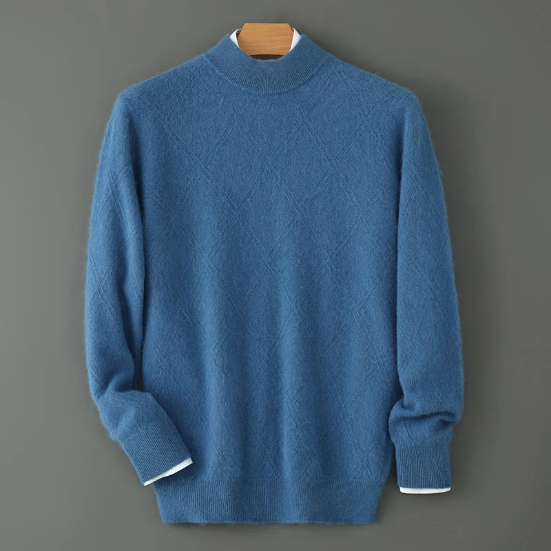 Suéter masculino gola alta em mink cashmere com textura felpada e acabamento premium para inverno