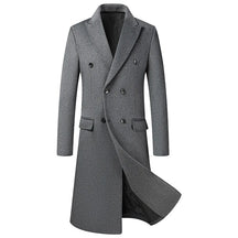 Sobretudo masculino longo cinza em lã com abotoamento duplo e lapela clássica elegante para inverno