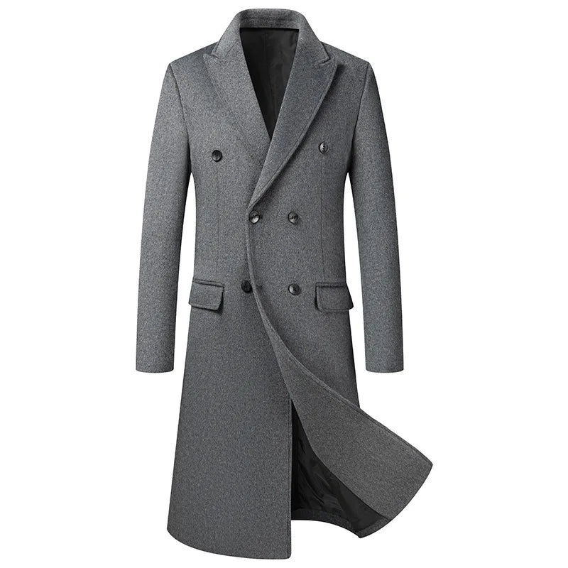 Sobretudo masculino longo cinza em lã com abotoamento duplo e lapela clássica elegante para inverno