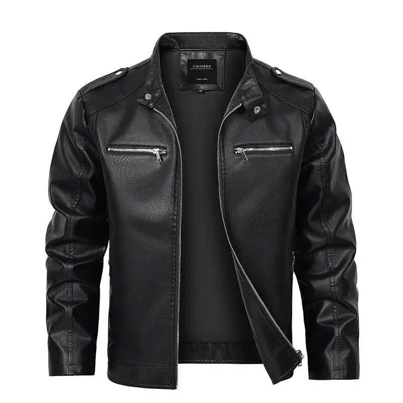 jaqueta masculina preta estilo couro biker com zíper frontal moderna