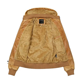 jaqueta masculina caramelo estilo couro biker com capuz removível e forro térmico