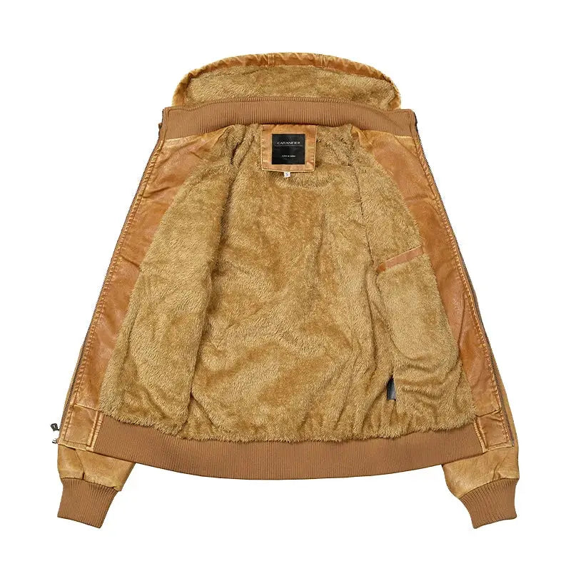 jaqueta masculina caramelo estilo couro biker com capuz removível e forro térmico