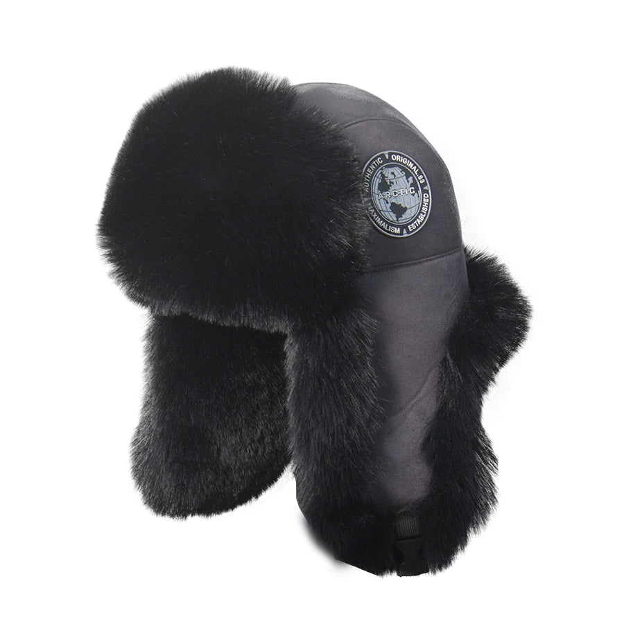 Chapéu russo masculino preto com pele sintética térmica estilo aviador para inverno e frio intenso.