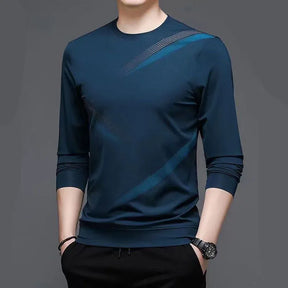 camiseta masculina manga longa azul tecido leve respirável casual moderno confortável