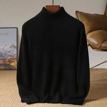 Suéter masculino gola alta em lã merino com textura canelada e visual elegante para inverno