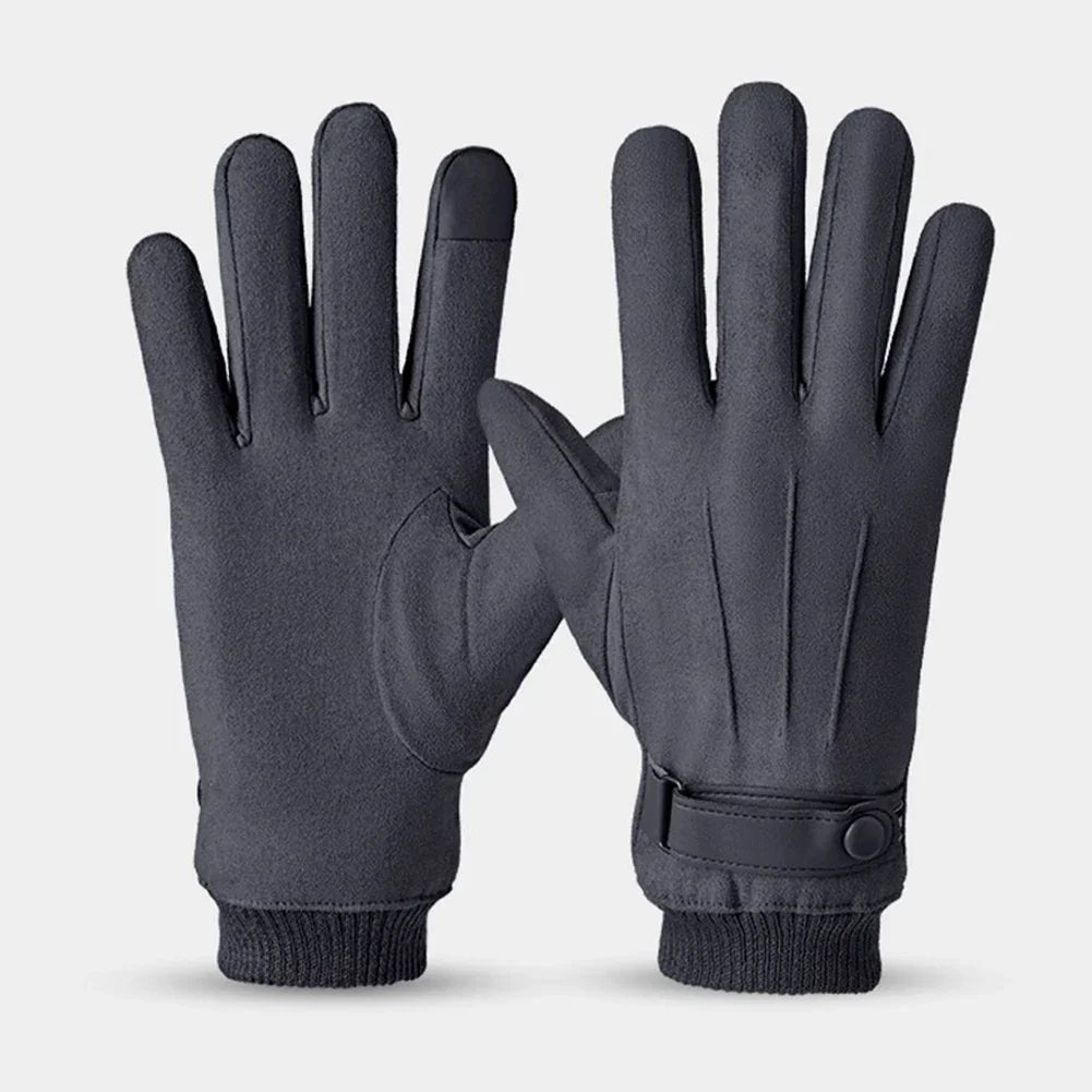 Luva masculina térmica bege estilo camurça com forro plush e função touchscreen para inverno e moto.