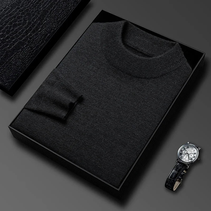 Suéter masculino gola alta em malha tricot bege dobrado em caixa preta com visual elegante para outono e inverno