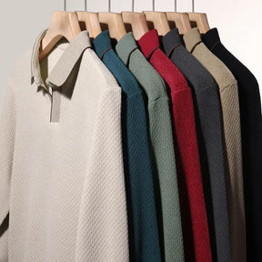 camisa polo masculina de tricot manga longa com tecido macio e elegante exibindo textura do knitwear
