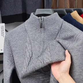 suéter masculino cinza tricô trançado gola alta meio zíper inverno elegante confortável