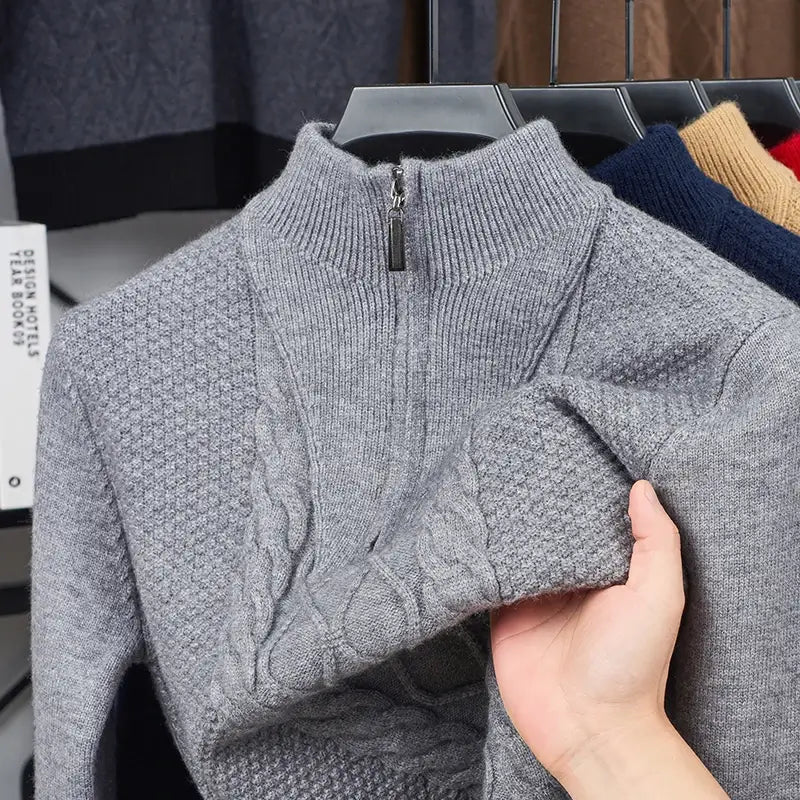 suéter masculino cinza tricô trançado gola alta meio zíper inverno elegante confortável