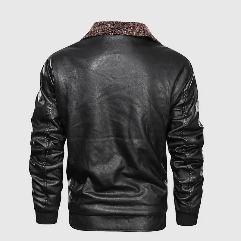 jaqueta masculina estilo couro biker com gola alta e bolsos frontais
