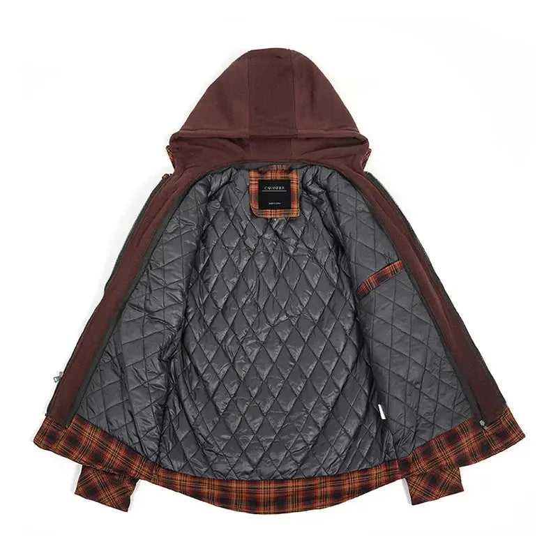 Jaqueta flanela masculina xadrez com capuz removível inverno