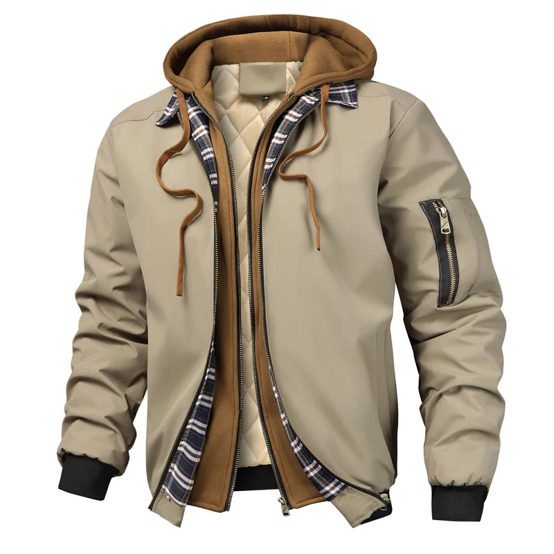 Jaqueta bomber masculina preta com capuz marrom e interior acolchoado térmico estilo casual urbano premium.