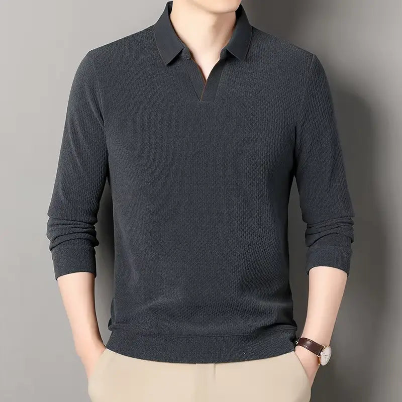 camisa polo masculina de tricot manga longa com tecido macio e elegante exibindo textura do knitwear