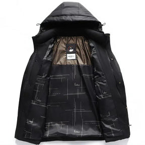 Jaqueta masculina preta térmica com pluma de ganso 90% e capuz removível, modelo acolchoado para frio intenso