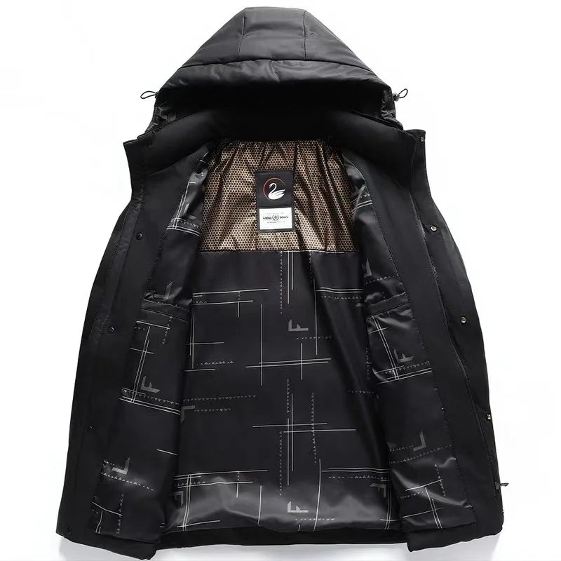 Jaqueta masculina preta térmica com pluma de ganso 90% e capuz removível, modelo acolchoado para frio intenso