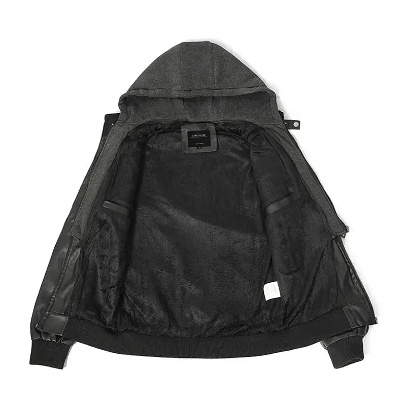 jaqueta masculina preto estilo couro com capuz removível biker moderna